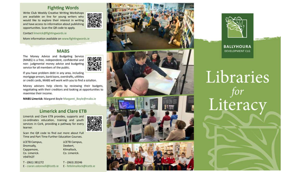 Flyer promoting literacy programs with photos of group activities, and text about workshops and services conducted by Ballyhoura Development CLG.